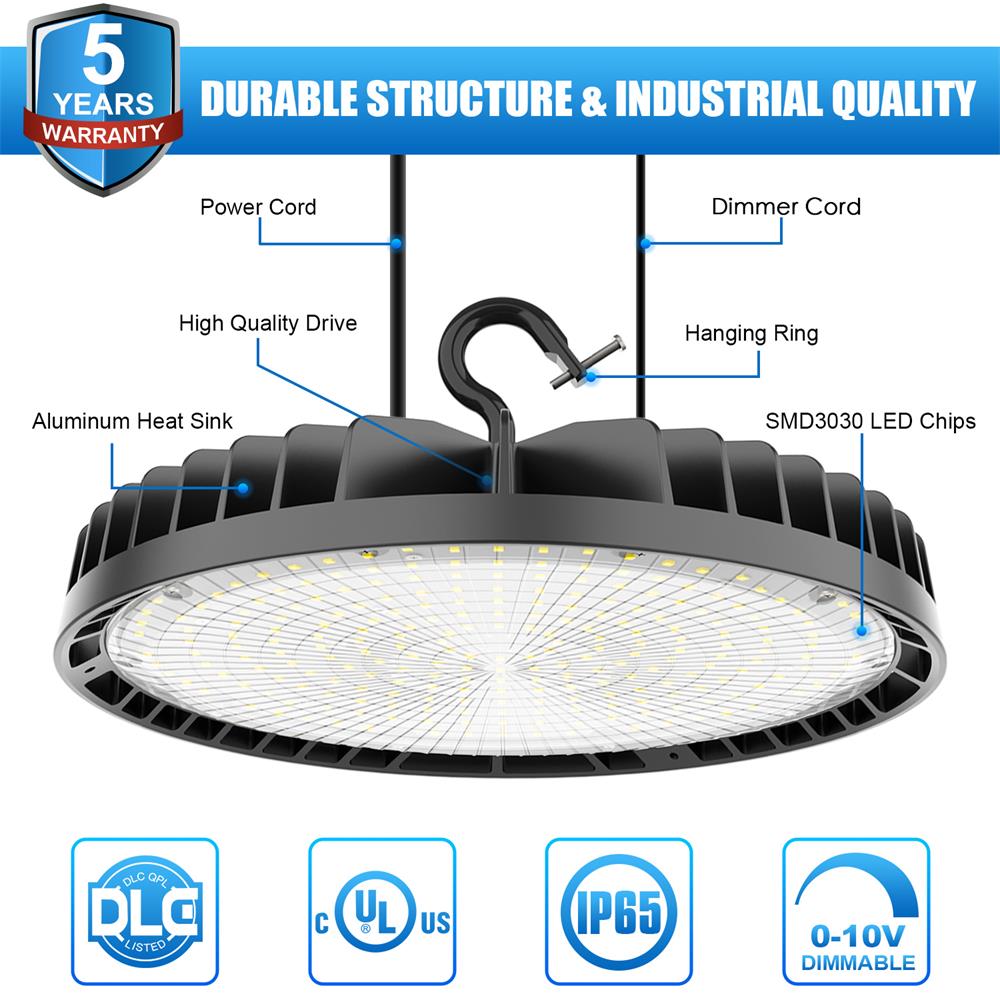 150W 200W 240W LED UFO High Bay Light 5000K Daylight 0-10V Dimming UFO Shop Lights for Commercial Barn Factory Warehouse/Wet Location UL DLC Listed