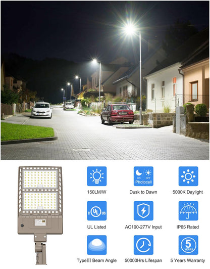 320W 400W LED Pole Light with Dusk to Dawn Photocell Dimmable 5000K Outdoor Street Area Lights for Parking Lot, High Voltage Optional UL DLC Listed