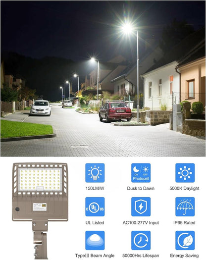 Outdoor LED Parking Lot Lights with Dusk to Dawn Photocell 200W 240W 140LM/W 5000K LED Street Shoebox Pole Light, High Voltage Optional UL DLC Listed