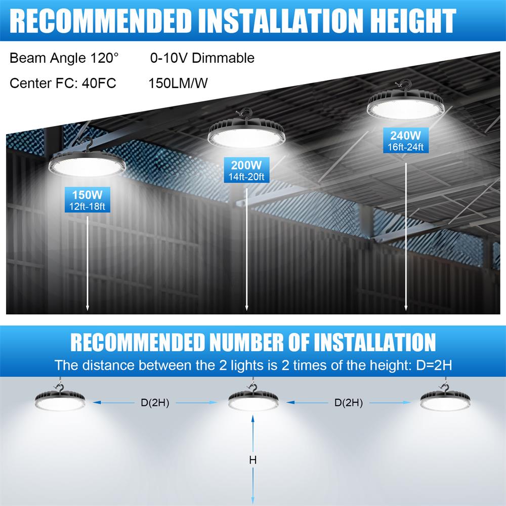 150W 200W 240W LED UFO High Bay Light 5000K Daylight 0-10V Dimming UFO Shop Lights for Commercial Barn Factory Warehouse/Wet Location UL DLC Listed