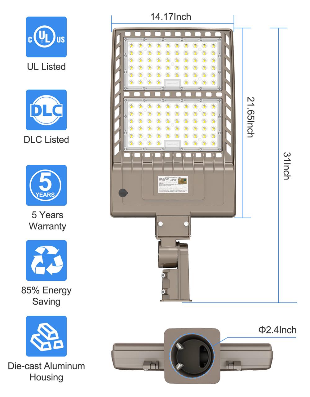 320W 400W LED Pole Light with Dusk to Dawn Photocell Dimmable 5000K Outdoor Street Area Lights for Parking Lot, High Voltage Optional UL DLC Listed