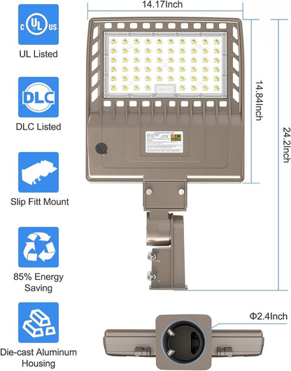 Outdoor LED Parking Lot Lights with Dusk to Dawn Photocell 200W 240W 140LM/W 5000K LED Street Shoebox Pole Light, High Voltage Optional UL DLC Listed