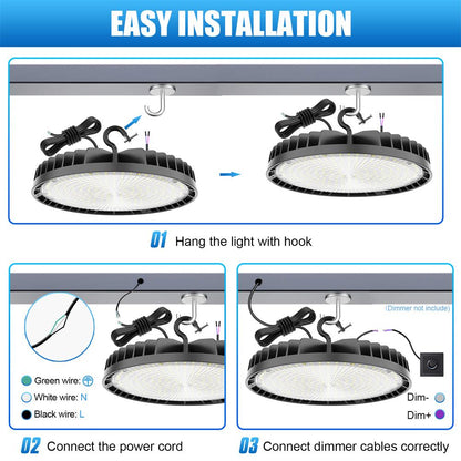 150W 200W 240W LED UFO High Bay Light 5000K Daylight 0-10V Dimming UFO Shop Lights for Commercial Barn Factory Warehouse/Wet Location UL DLC Listed