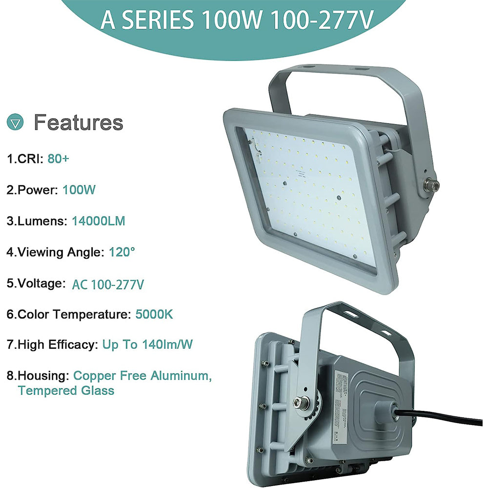 Explosion Proof LED Work Lights 80W 100W 5000K 100-277V 0-10V Dimmable Class I Division 2 UL844 IP66 Hazardous Lighting LED, ETL DLC Listed