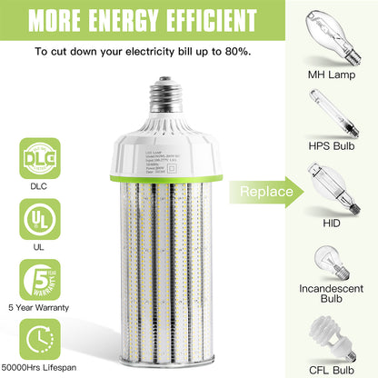 80W 100W 120W 160W 200W 250W 300W 5000K Daylight E39 Large Mogul Base LED Corn Light Bulb, High Voltage Optional for Garage Warehouse UL DLC Listed