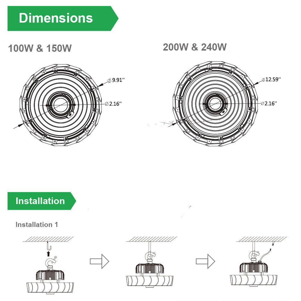 LED High Bay Shop Lights 100W 150W 200W 240W 5000K Daylight 0-10V Dimming IP65 Waterproof Commercial Warehouse Barn Garage Light Fixture UL DLC Listed