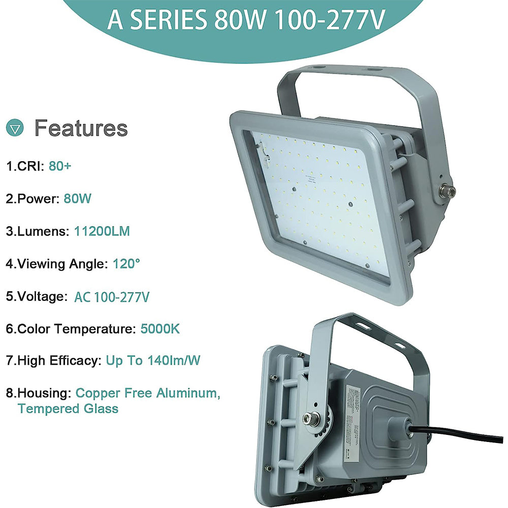 Explosion Proof LED Work Lights 80W 100W 5000K 100-277V 0-10V Dimmable Class I Division 2 UL844 IP66 Hazardous Lighting LED, ETL DLC Listed